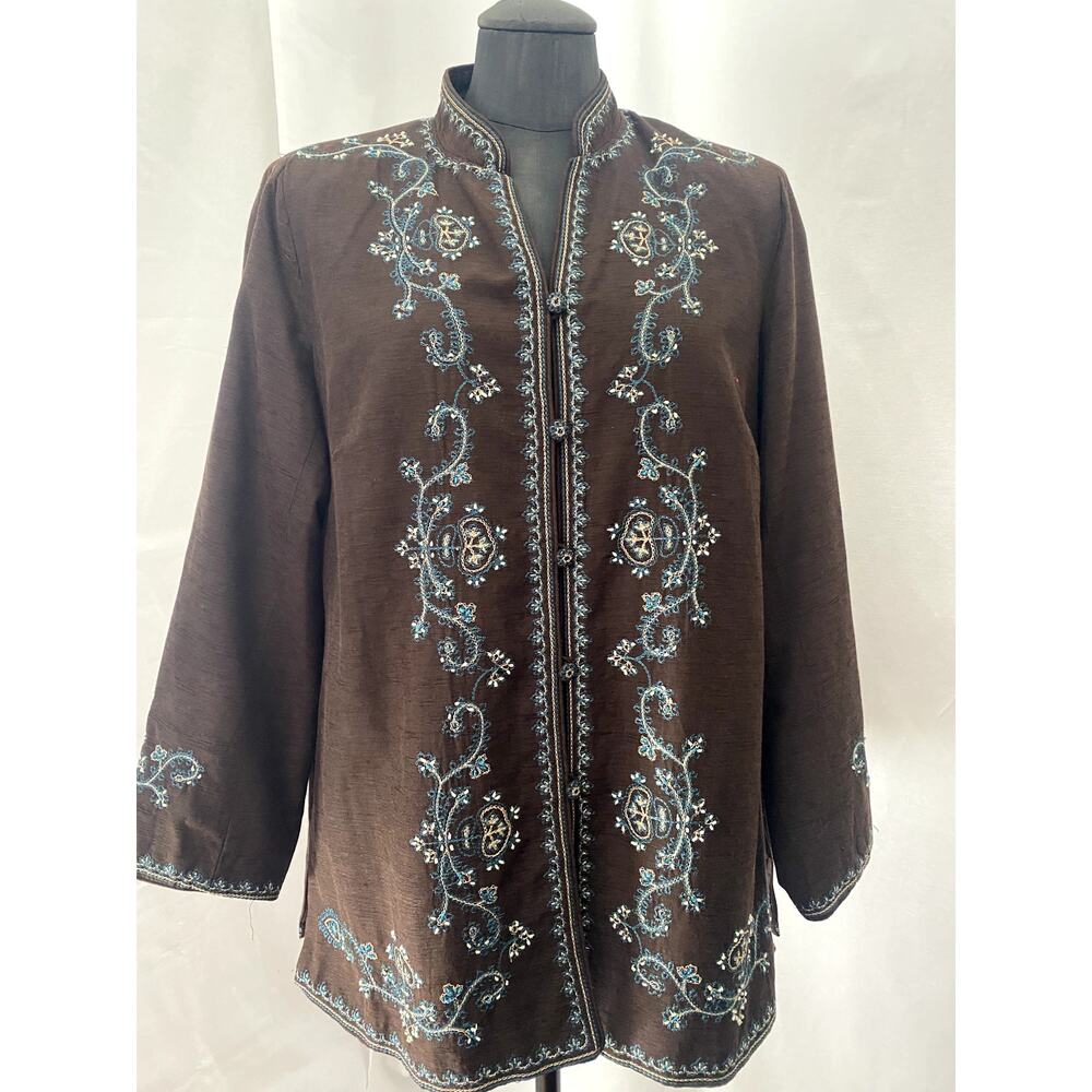 Silk Land Woman Brown Blue Beige Button Front Blazer Size 2x